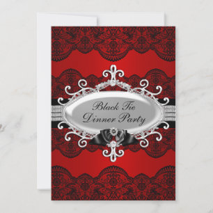 Elegant Red Lace & Bow Black Tie Dinner Party Invitation