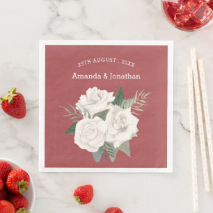 Elegant Red Leather and White Roses Wedding Napkin