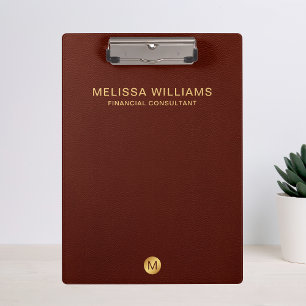 Elegant Red Leather & Gold Monogram Initial Clipboard