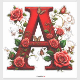 Elegant Red Letter A by Roses and Butterfly