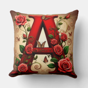 Elegant Red Letter A by Roses and Butterfly Cushion