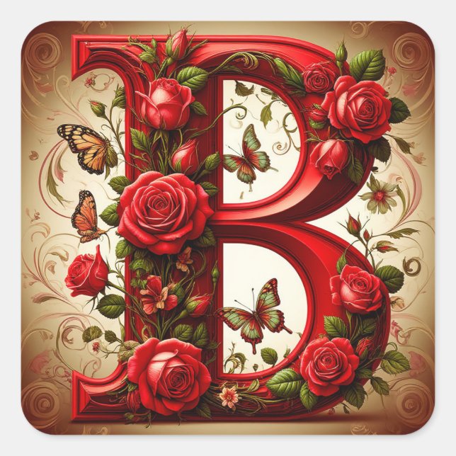 Elegant Red Letter B by Roses and Butterfly Square Sticker (Front)