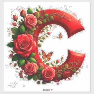 Elegant Red Letter C by Roses and Butterfly