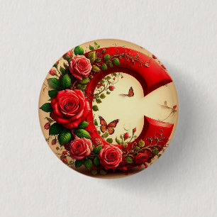 Elegant Red Letter C by Roses and Butterfly 3 Cm Round Badge