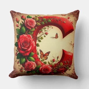 Elegant Red Letter C by Roses and Butterfly Cushion