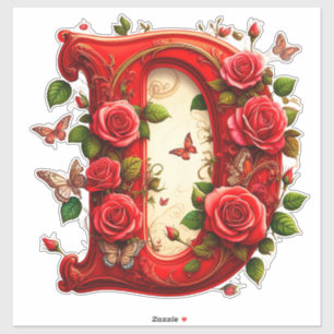 Elegant Red Letter D by Roses and Butterfly