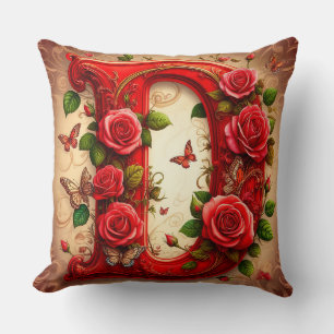 Elegant Red Letter D by Roses and Butterfly Cushion