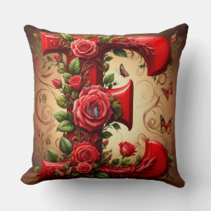 Elegant Red Letter E by Roses and Butterfly Cushion
