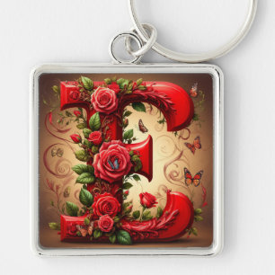 Elegant Red Letter E by Roses and Butterfly Key Ring