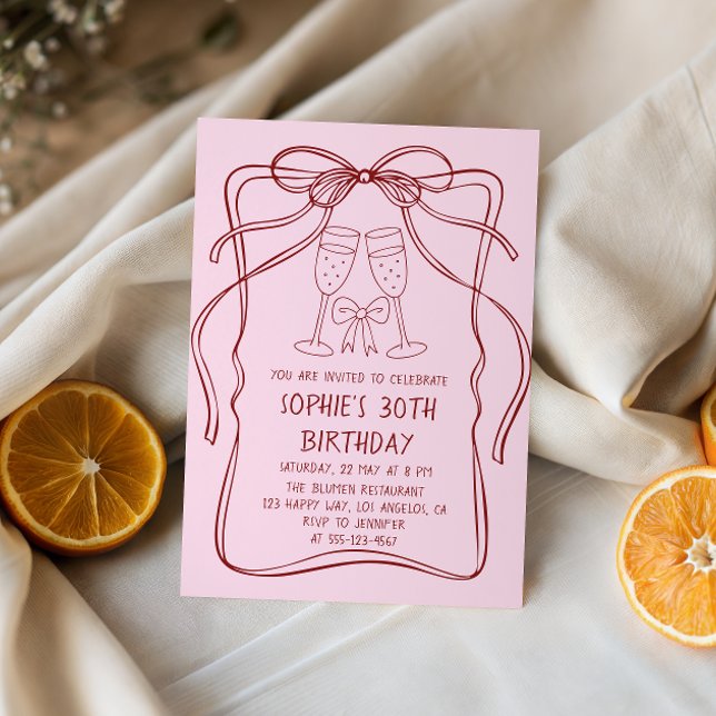 Elegant Red Line Art Bow & Champagne 30th Birthday Invitation (Creator Uploaded)