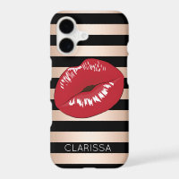 elegant red lips rose gold black stripes pattern