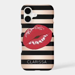 elegant red lips rose gold black stripes pattern