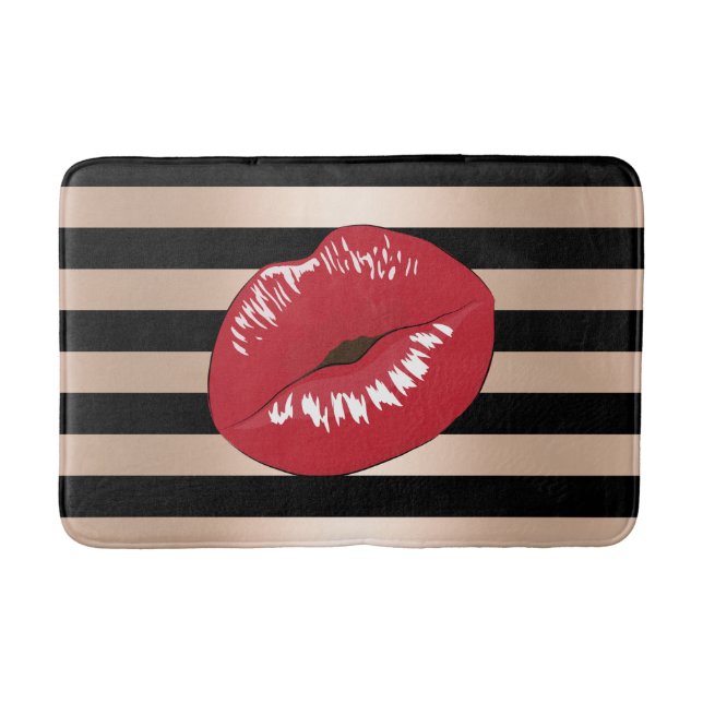 elegant red lips rose gold black stripes pattern bath mat (Front)