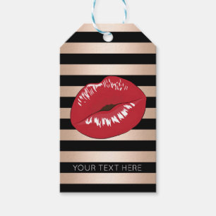 elegant red lips rose gold black stripes pattern gift tags
