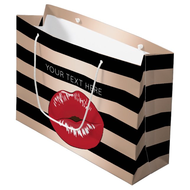 elegant red lips rose gold black stripes pattern large gift bag (Front Angled)