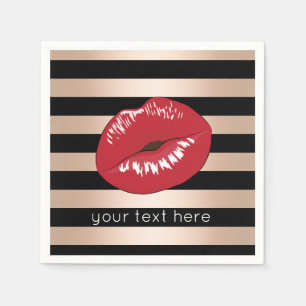 elegant red lips rose gold black stripes pattern napkin