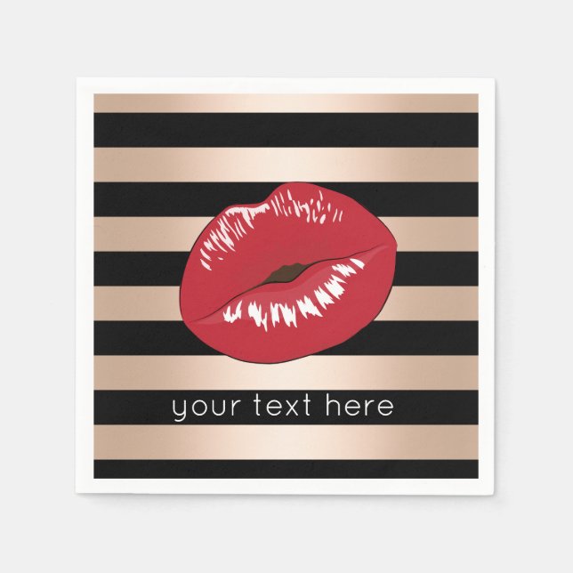 elegant red lips rose gold black stripes pattern napkin (Front)