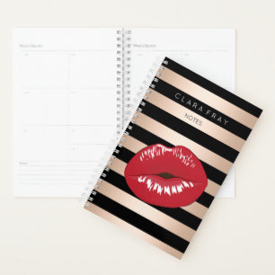 elegant red lips rose gold black stripes pattern planner