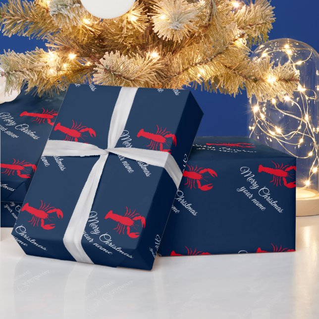 Elegant red lobster navy blue Merry Christmas  Wrapping Paper (Holidays)