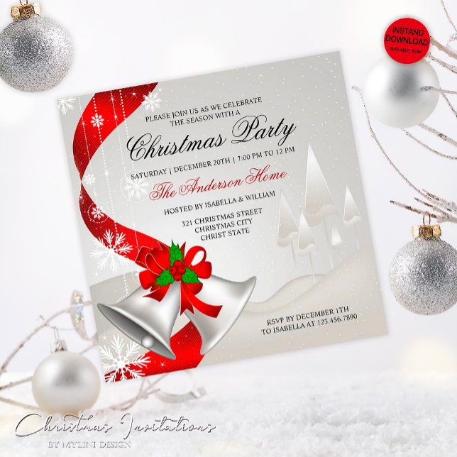Elegant Red Loop Silver Bells Christmas Invitation (Creator Uploaded)