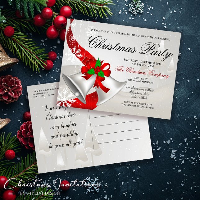 Elegant Red Loop Silver Bells Christmas Party Invitation Postcard (Creator Uploaded)