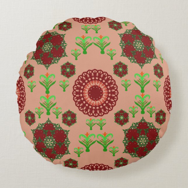 Elegant Red Mandala Geometric Bedroom & Home Texti Round Cushion (Front)