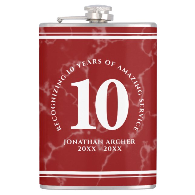 Elegant Red Marble 10 Years Work Anniversary Hip Flask (Front)