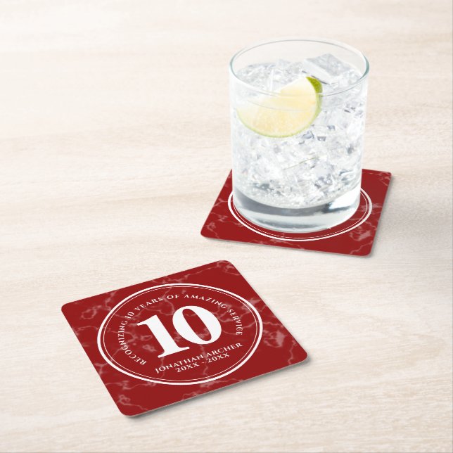 Elegant Red Marble 10 Years Work Anniversary Square Paper Coaster (Insitu)