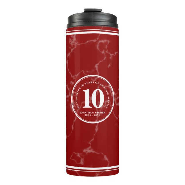 Elegant Red Marble 10 Years Work Anniversary Thermal Tumbler (Front)