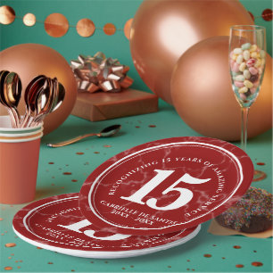 Elegant Red Marble 15 Years Work Anniversary Paper Plate