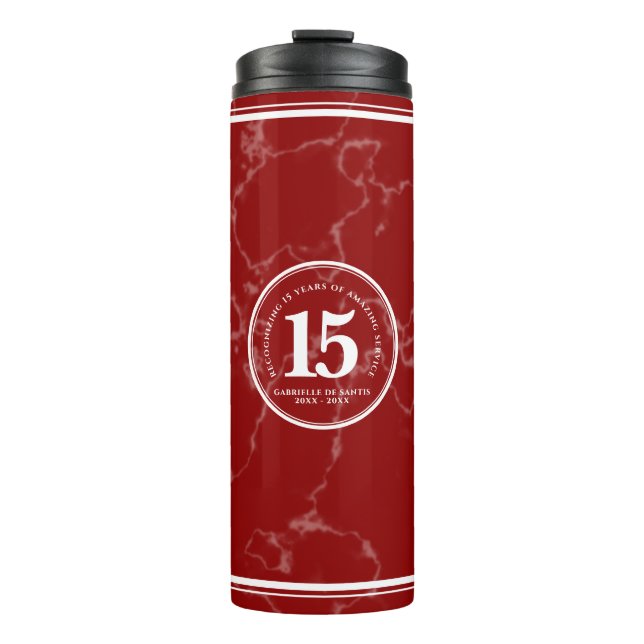 Elegant Red Marble 15 Years Work Anniversary Thermal Tumbler (Front)