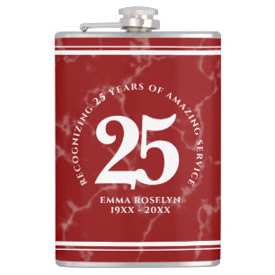 Elegant Red Marble 25 Years Work Anniversary Hip Flask