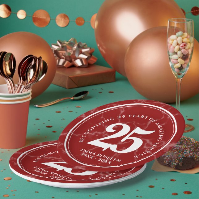 Elegant Red Marble 25 Years Work Anniversary Paper Plate (Multi)
