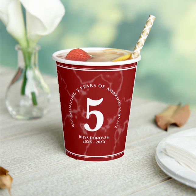 Elegant Red Marble 5 Years Work Anniversary Paper Cups (Insitu)