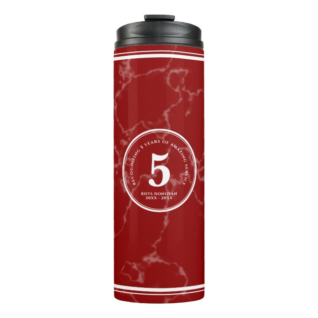 Elegant Red Marble 5 Years Work Anniversary Thermal Tumbler (Front)