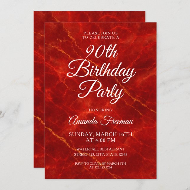 Elegant Red Marble 90th Birthday Invitation (Front/Back)