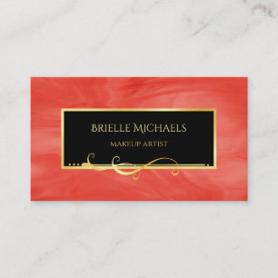 Elegant Red Marble Gold Filigree Makeup Artist Business Card