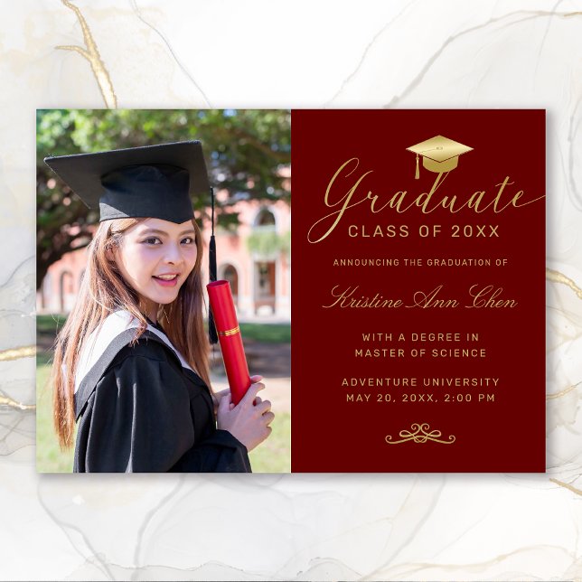 Elegant Red Maroon Gold Script Photo Graduation Announcement (Elegant Maroon Gold Calligraphy Photo Graduation Announcement)