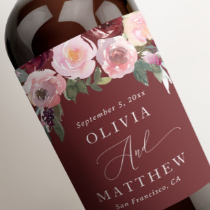 Elegant red maroon roses. Garden floral wedding Wine Label