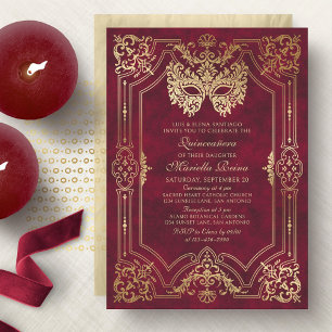 Elegant Red Masquerade Mask Quinceanera Invitation