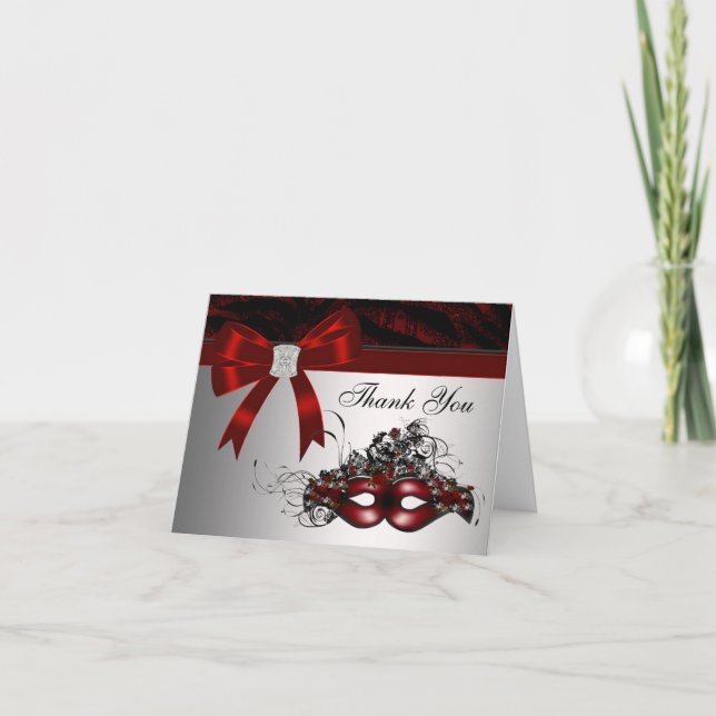 Elegant Red Masquerade Party Thank You Cards (Front)
