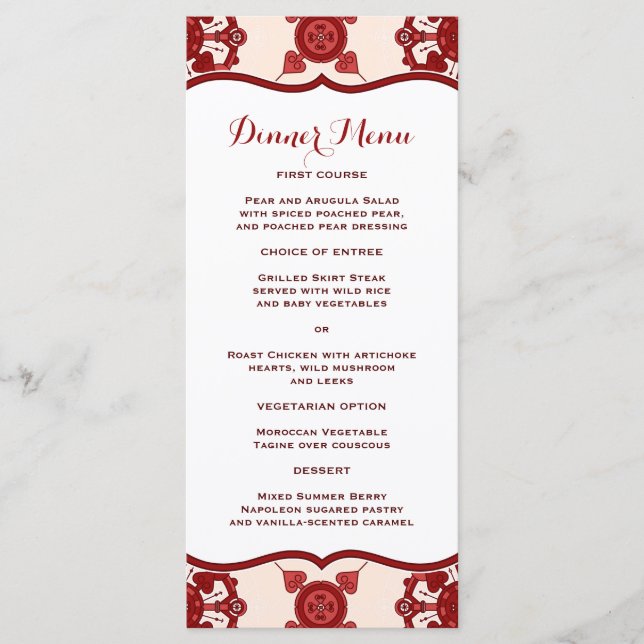 Elegant Red Medallion Pattern Slim Dinner Menu (Front)