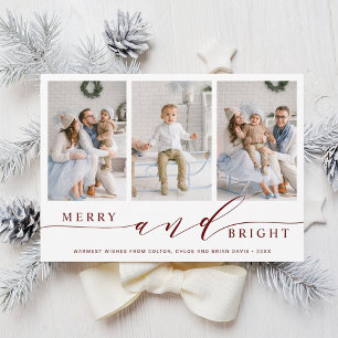 Elegant Red Merry and Bright 3 Photo Holiday Card