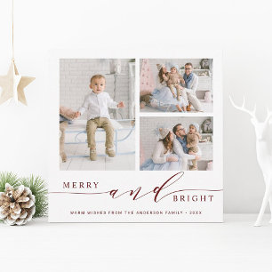Elegant Red Merry & Bright 3 Photo Square Holiday Card