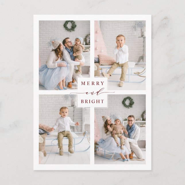 Elegant Red Merry & Bright 4 Photo Holiday  Postcard (Front)