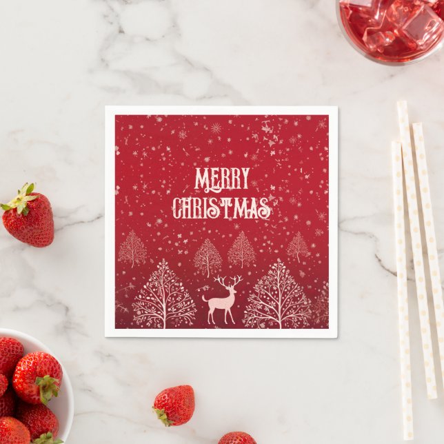 Elegant Red Merry Christmas Deer and Snowflake Napkin (Insitu)