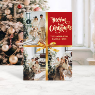 Elegant Red Merry Christmas Gold Bow Photo Card 