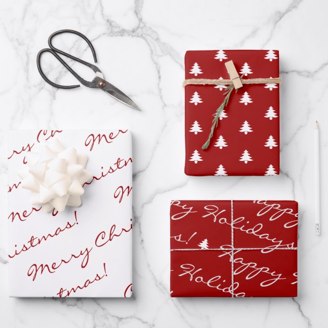 Elegant Red Merry Christmas Happy Holidays Script Wrapping Paper Sheet (Front)