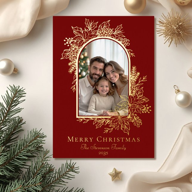 Elegant  Red Merry Christmas Photo  Foil Holiday Card (Creator Uploaded)