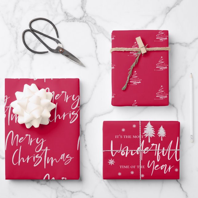 Elegant Red Merry Christmas Quote Gift Wrapping Paper Sheet (Front)